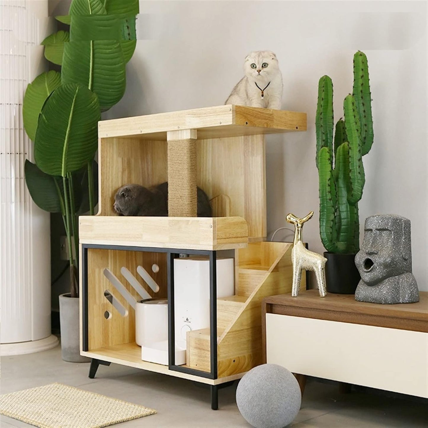 Pet Home Pet House Cat Automatic Feeder Feeding Water Transparent Integrated Homestay Storage Cat Climbing Frame Villa Nest Cat Villa (Color : A)