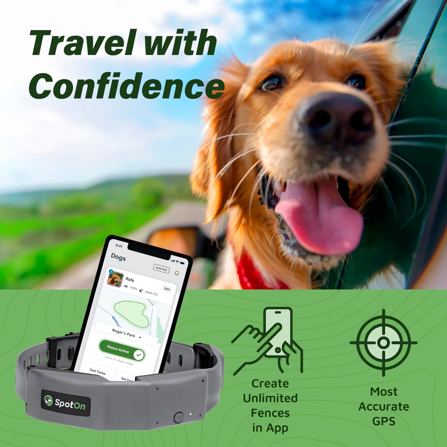 SpotOn GPS Wireless Dog Fence Collar, Accurate & Reliable, Unlimited Fences, Extended Battery Life Mode, No Subscription, Built in USA, Omni Collar Model, Large Dog Breed Neck Size 19"-26"